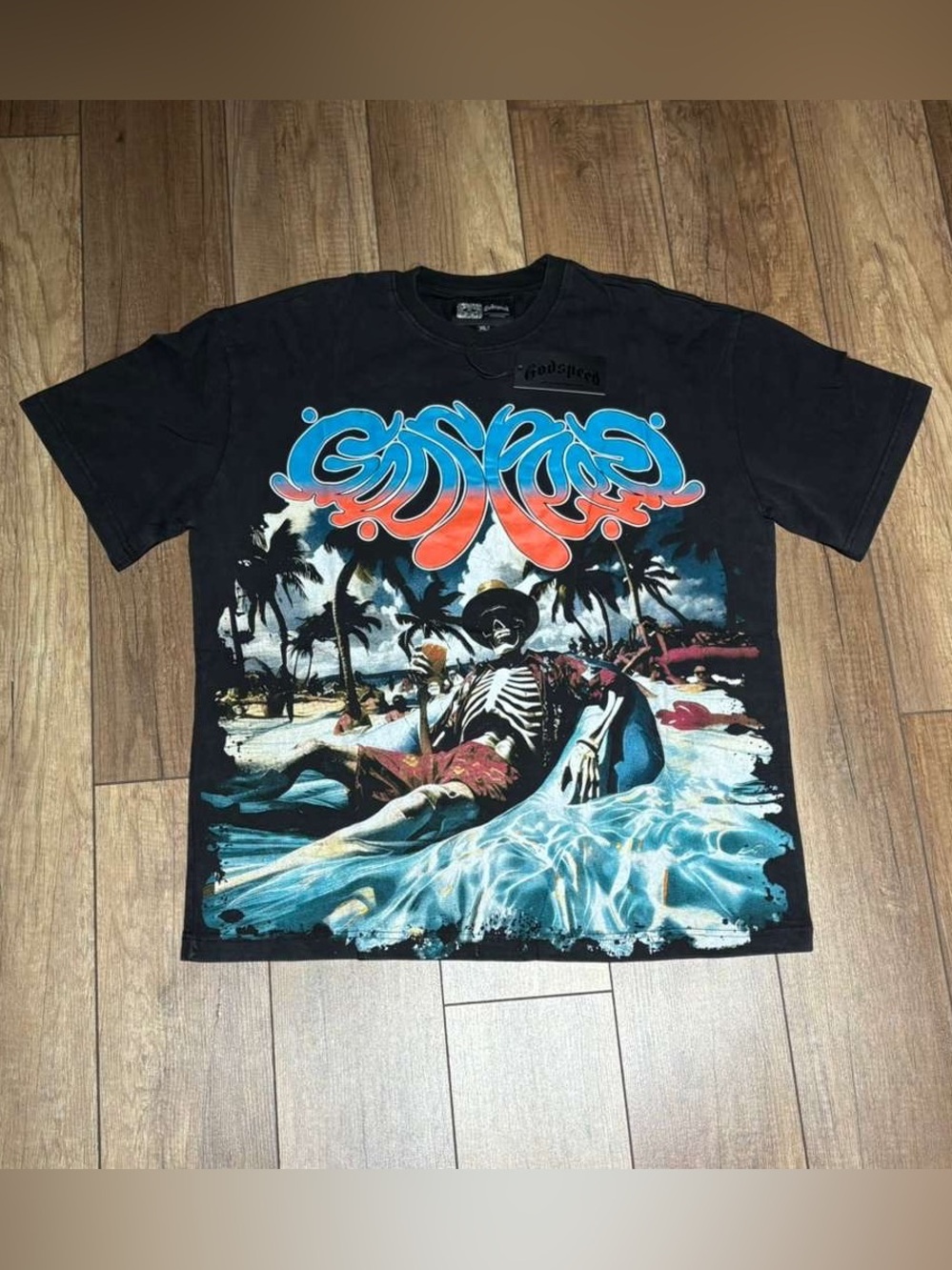 Godspeed Skull Beach Black Graphic T Shirt Size XL